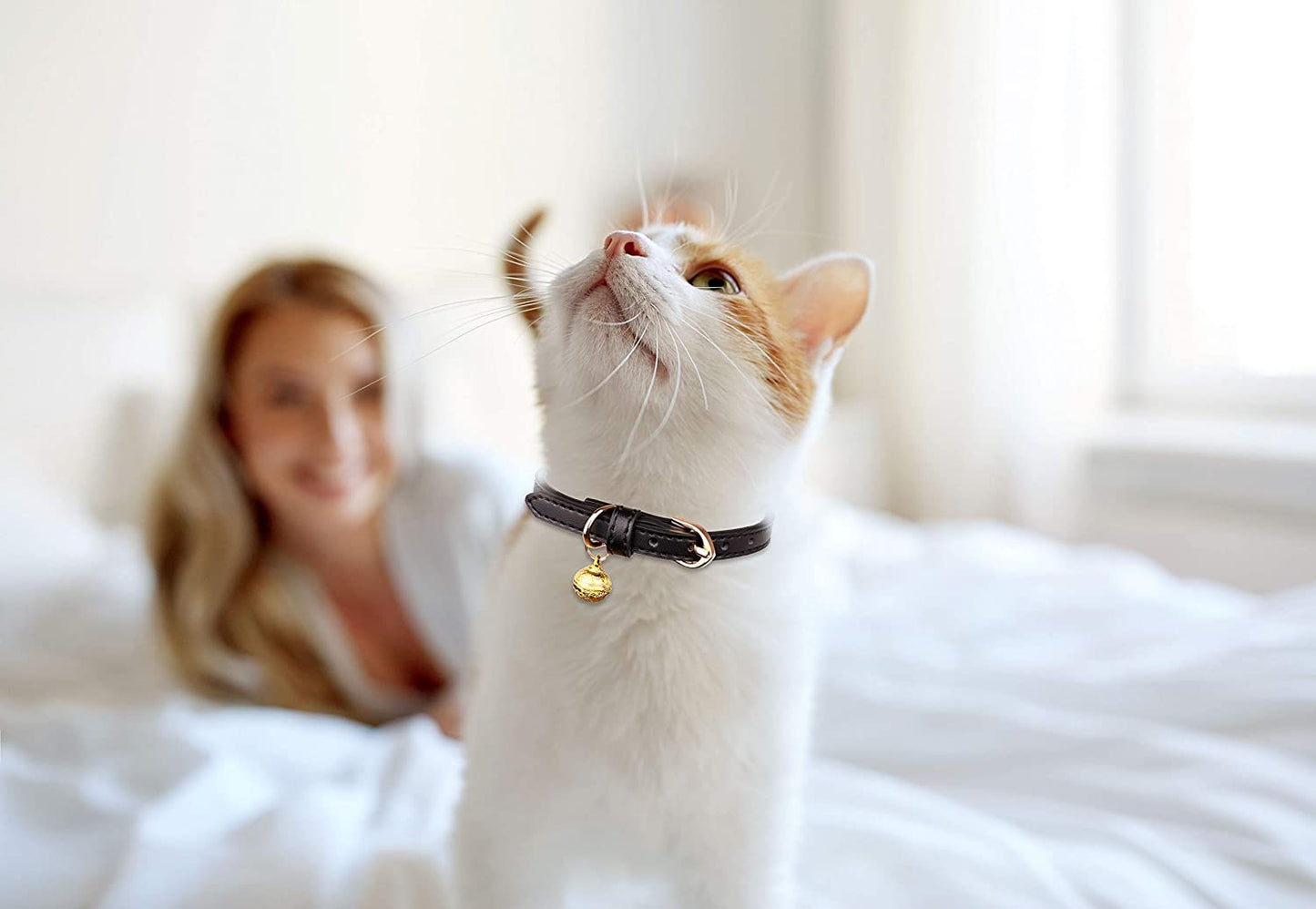 Set of 3 Leather Cat Collars with Bells - Soft and Safe Kitten Collars in Black, Chocolate, and Beige (XS)