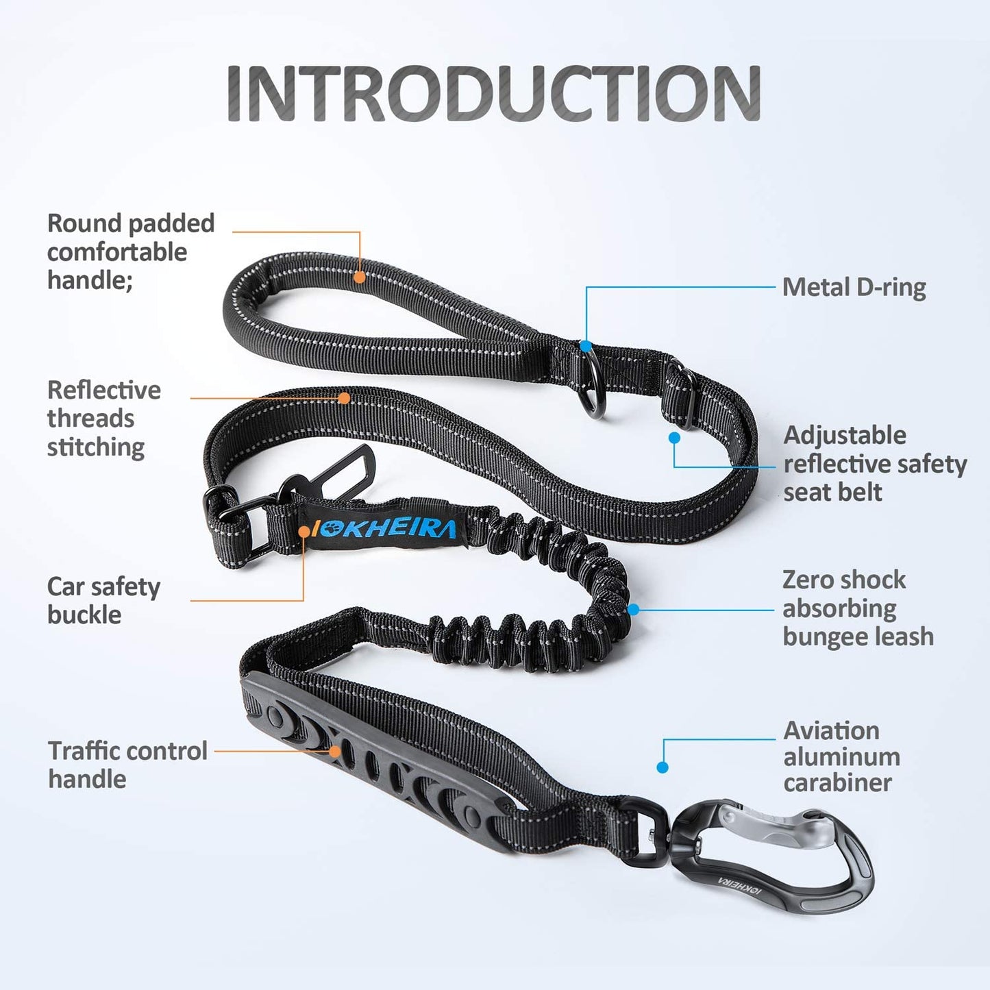Heavy-Duty Multifunctional Tactical Dog Leash, 4-6 FT Bungee Lead with Car Seatbelt and Shock Absorption for Large and Medium Dogs