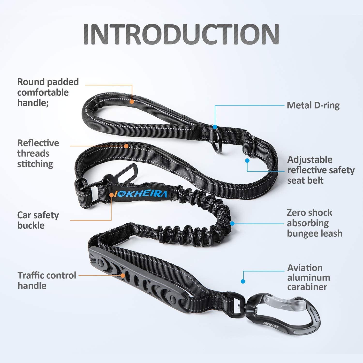 Heavy-Duty Multifunctional Tactical Dog Leash, 4-6 FT Bungee Lead with Car Seatbelt and Shock Absorption for Large and Medium Dogs