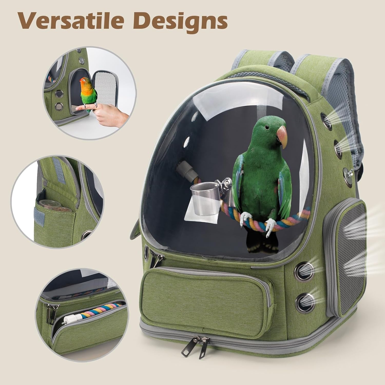 Bird Travel Carrier Backpack with Perch, Tray, and Ventilated Clear Window - Ideal for Cockatiels, Caiques, Conures, and Quakers - Perfect for Veterinary Visits, Camping, and Hiking (Green)