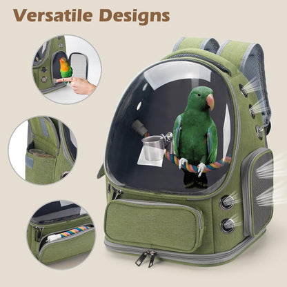 Bird Travel Carrier Backpack with Perch, Tray, and Ventilated Clear Window - Ideal for Cockatiels, Caiques, Conures, and Quakers - Perfect for Veterinary Visits, Camping, and Hiking (Green)