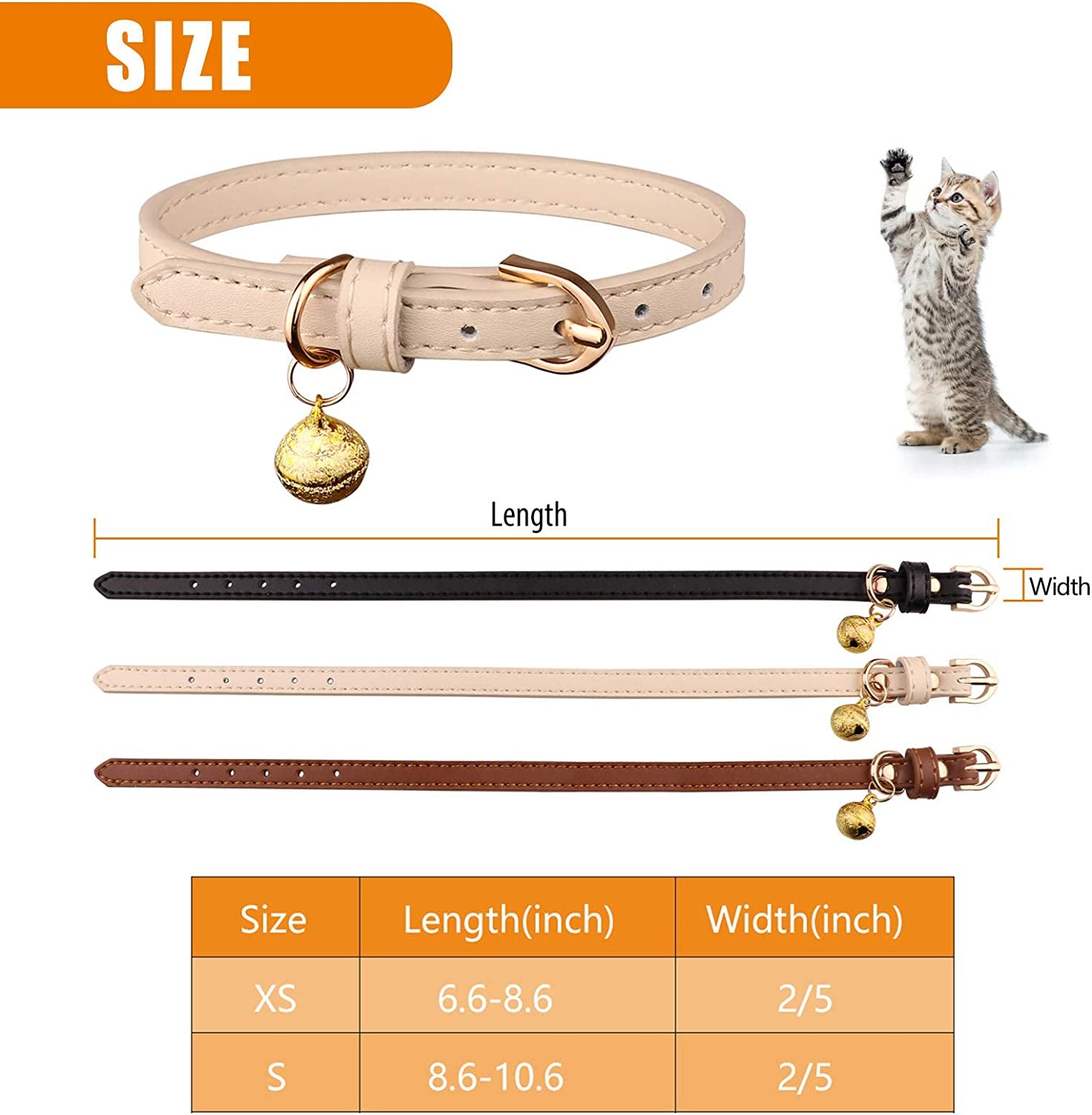 Set of 3 Leather Cat Collars with Bells - Soft and Safe Kitten Collars in Black, Chocolate, and Beige (XS)