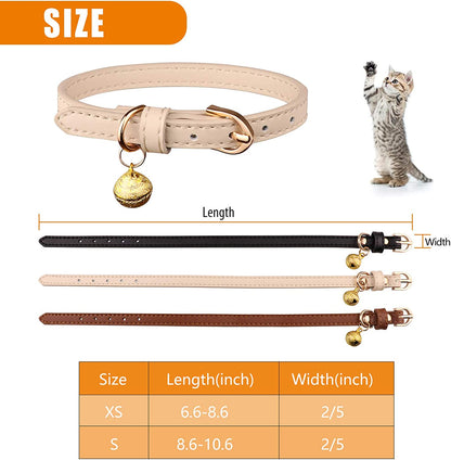 Set of 3 Leather Cat Collars with Bells - Soft and Safe Kitten Collars in Black, Chocolate, and Beige (XS)