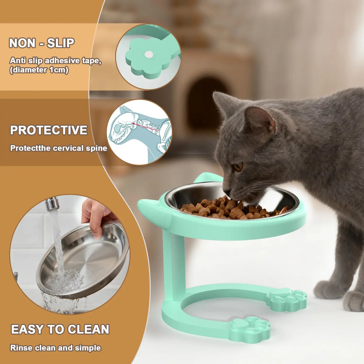 Elevated Tilted Cat Bowl - 316 Stainless Steel Raised Feeder with Anti-Slip Paw Stand, Whisker-Friendly Design, Easy to Clean Portable Feeding Dish for Senior Cats and Small Puppies