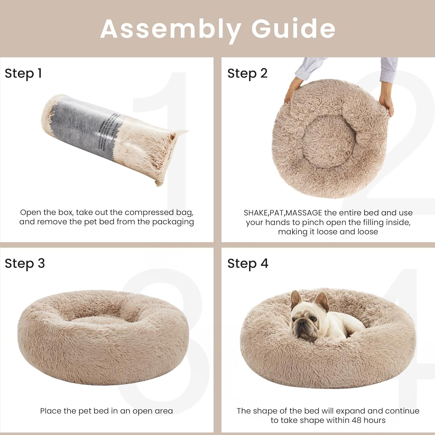Calming Donut Pet Bed for Dogs and Cats, Anti-Anxiety Fluffy Warming Bed for Indoor Use, Available in Beige Taupe - 20"/24" Sizes