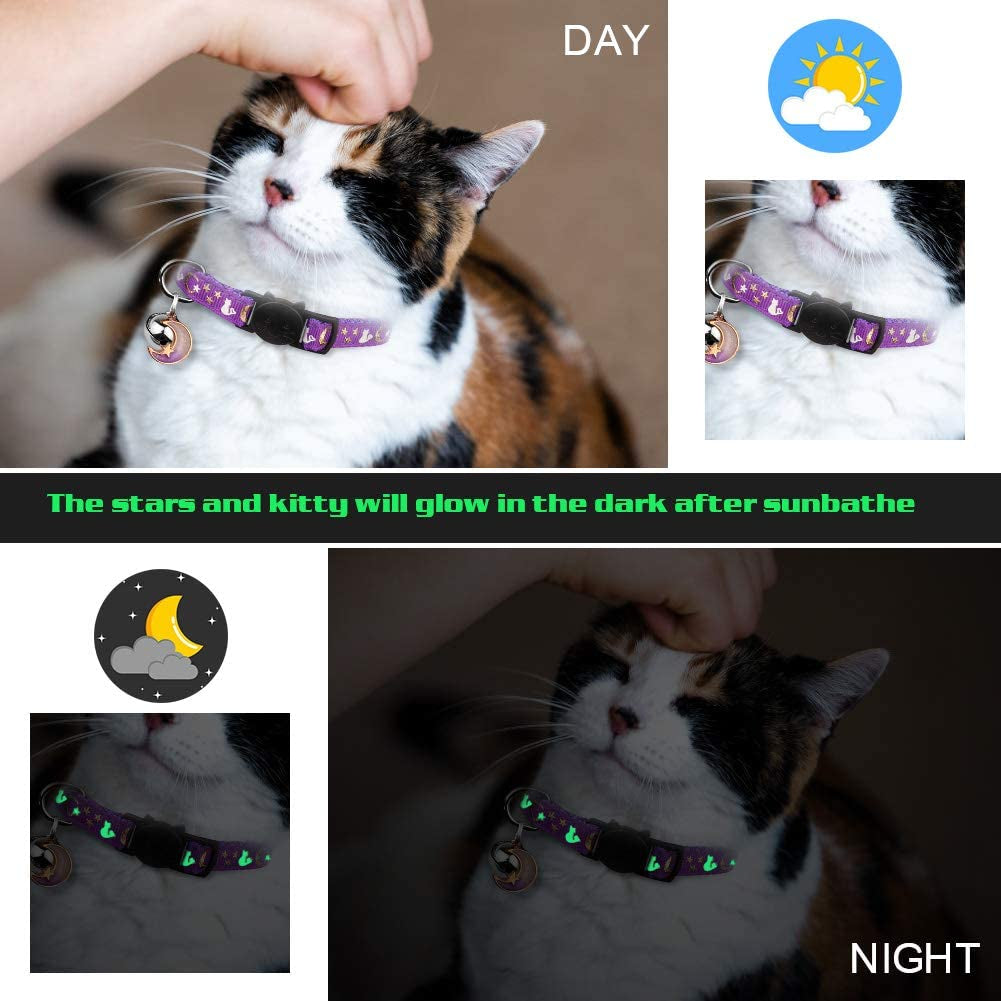 Set of 2 Adjustable Breakaway Cat Collars with Bell and Glow-in-the-Dark Pendant - Black and Purple Moon and Star Design