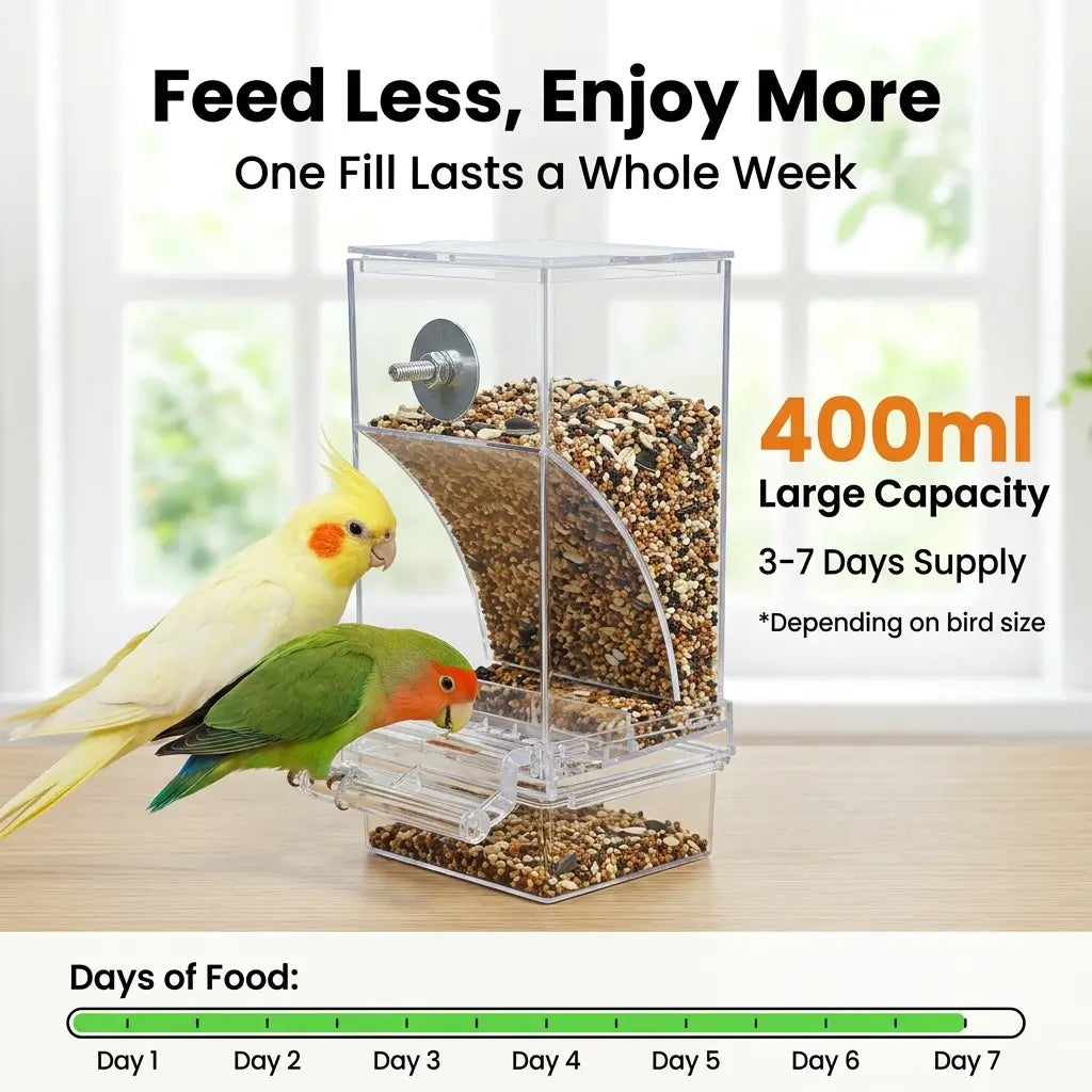 Enhanced Automatic Bird Feeder for Parrots, Cockatoos, and Canaries - Transparent Acrylic Food Dispenser, Durable and User-Friendly Feeding Station