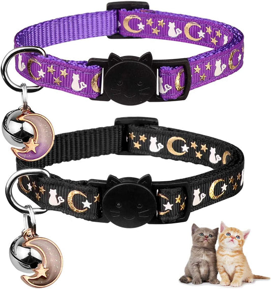 Set of 2 Adjustable Breakaway Cat Collars with Bell and Glow-in-the-Dark Pendant - Black and Purple Moon and Star Design