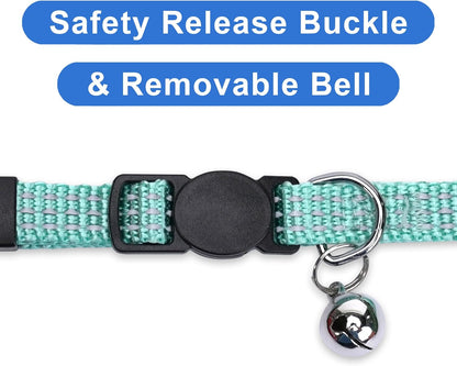 Reflective Teal Cat Collar with Safety Buckle and Detachable Bell for Kittens and Cats