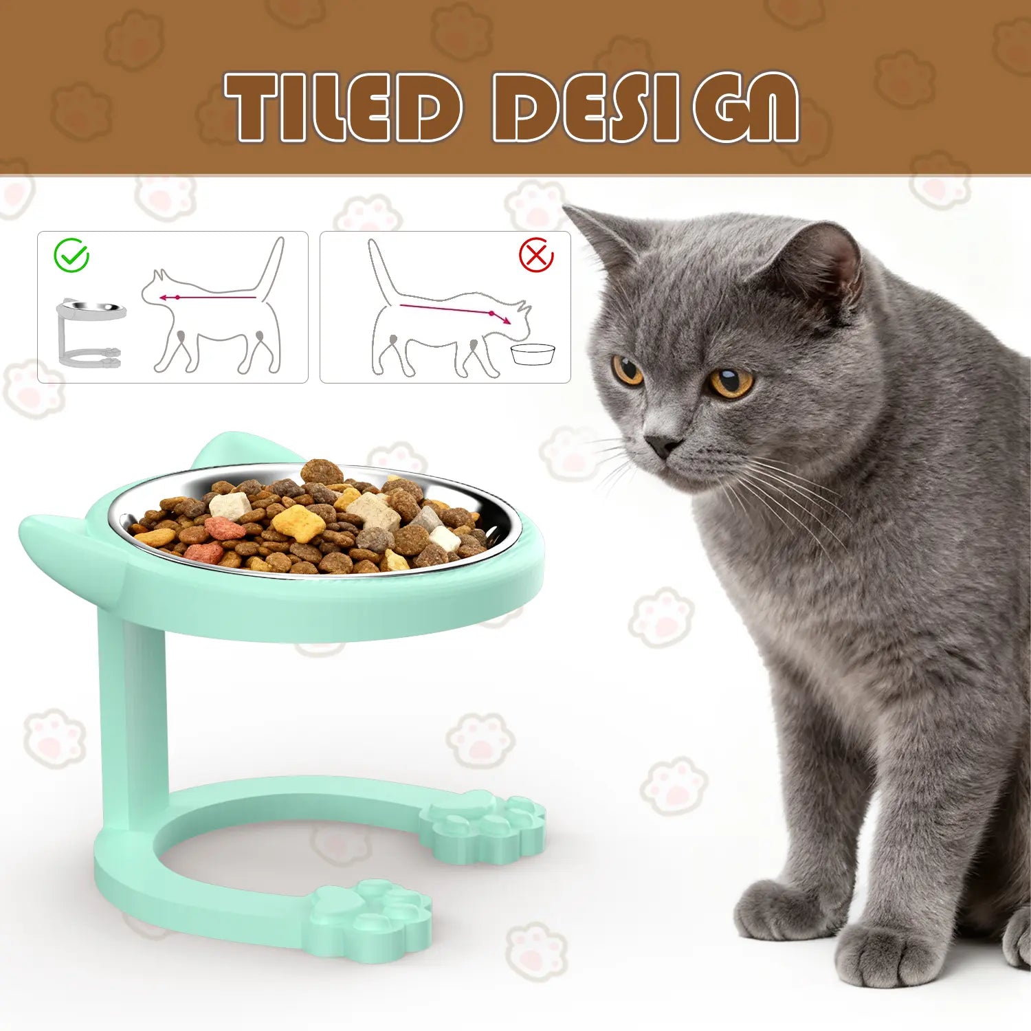 Elevated Tilted Cat Bowl - 316 Stainless Steel Raised Feeder with Anti-Slip Paw Stand, Whisker-Friendly Design, Easy to Clean Portable Feeding Dish for Senior Cats and Small Puppies