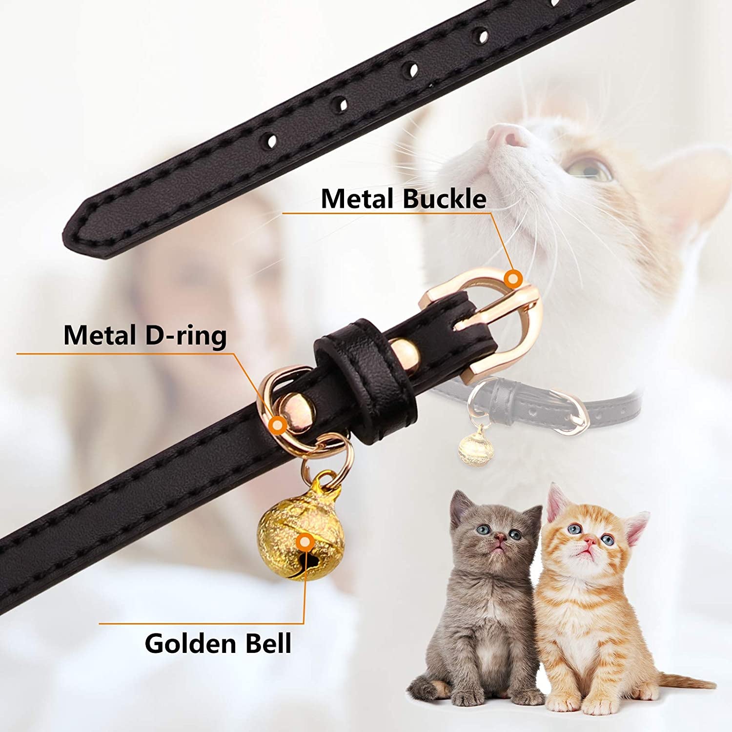Set of 3 Leather Cat Collars with Bells - Soft and Safe Kitten Collars in Black, Chocolate, and Beige (XS)