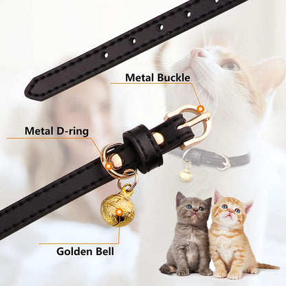 Set of 3 Leather Cat Collars with Bells - Soft and Safe Kitten Collars in Black, Chocolate, and Beige (XS)