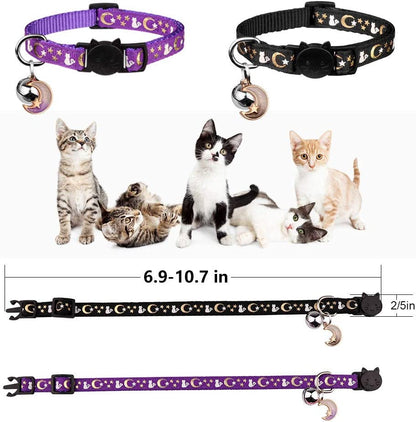 Set of 2 Adjustable Breakaway Cat Collars with Bell and Glow-in-the-Dark Pendant - Black and Purple Moon and Star Design
