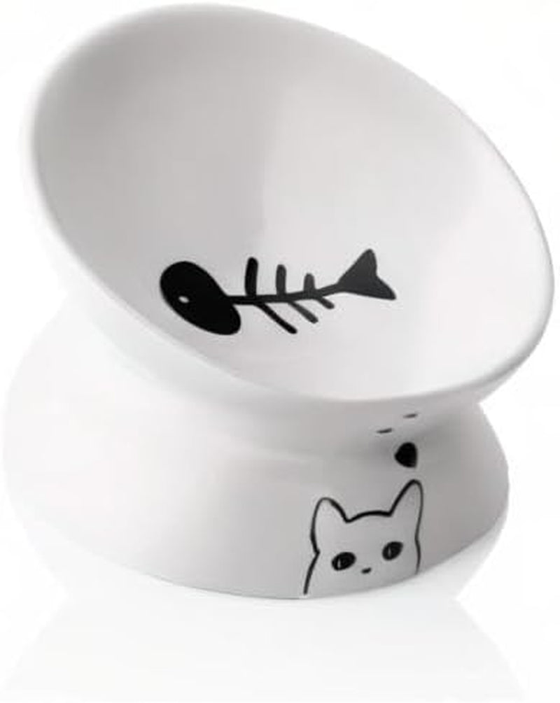 Elevated Ceramic Cat Bowls for Food and Water, Slanted Design for Spine Protection and Stress-Free Feeding (White)