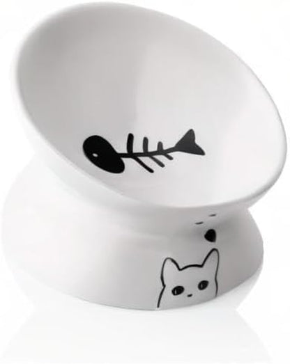 Elevated Ceramic Cat Bowls for Food and Water, Slanted Design for Spine Protection and Stress-Free Feeding (White)