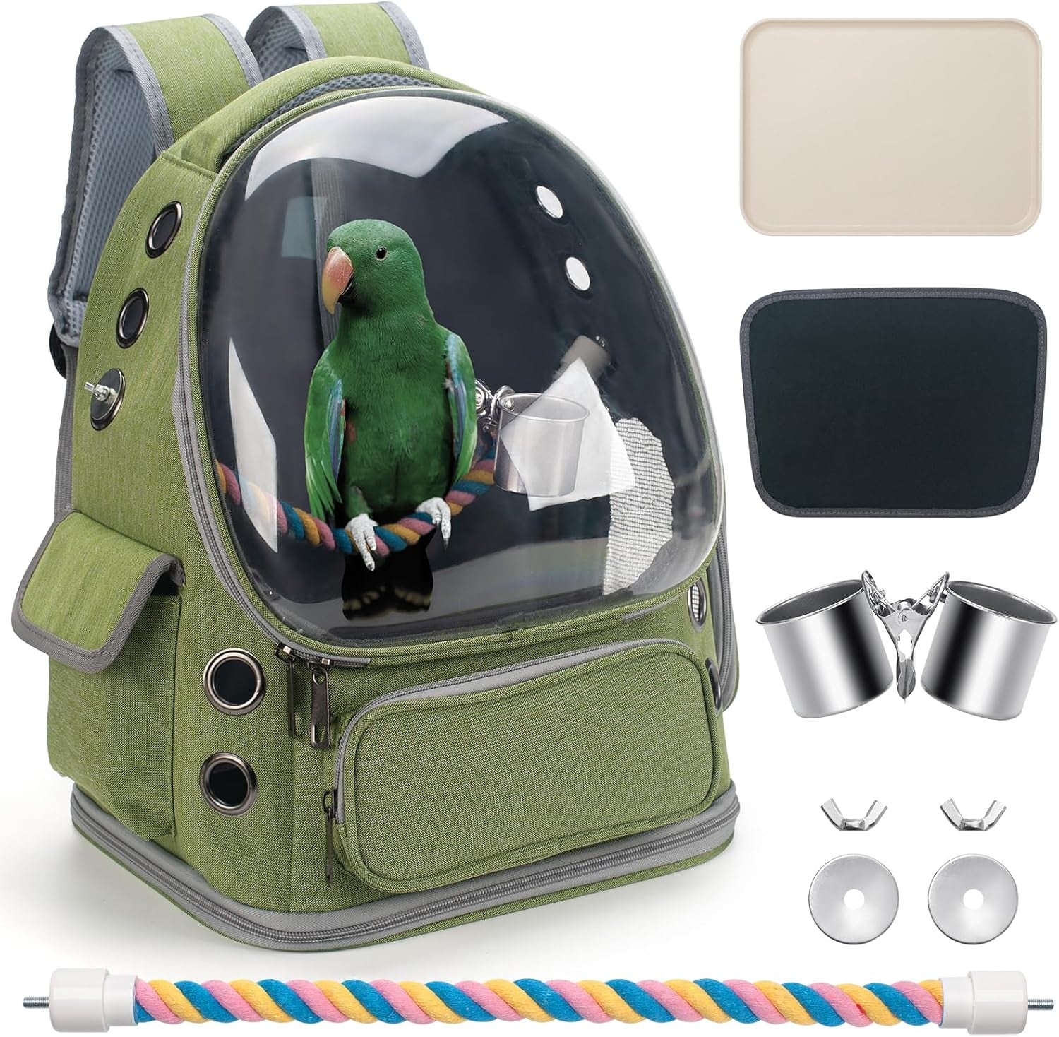 Bird Travel Carrier Backpack with Perch, Tray, and Ventilated Clear Window - Ideal for Cockatiels, Caiques, Conures, and Quakers - Perfect for Veterinary Visits, Camping, and Hiking (Green)