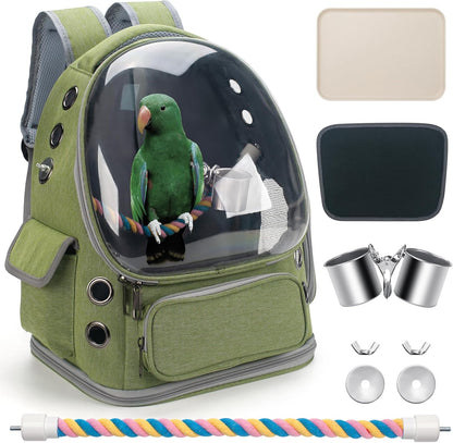 Bird Travel Carrier Backpack with Perch, Tray, and Ventilated Clear Window - Ideal for Cockatiels, Caiques, Conures, and Quakers - Perfect for Veterinary Visits, Camping, and Hiking (Green)