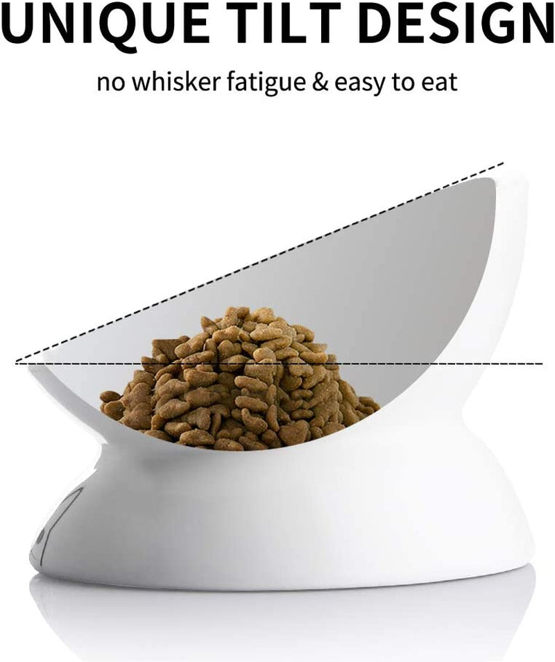 Elevated Ceramic Cat Bowls for Food and Water, Slanted Design for Spine Protection and Stress-Free Feeding (White)