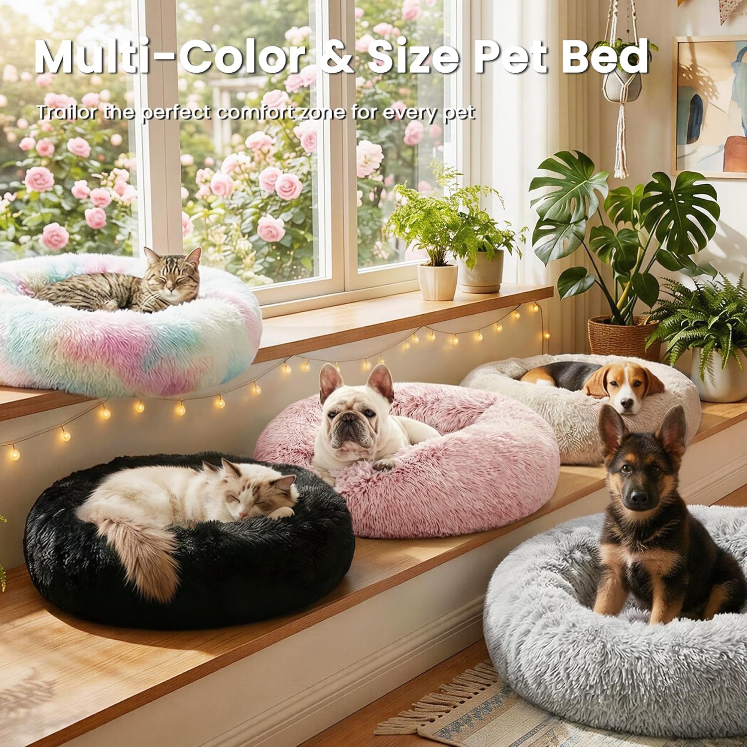 Calming Donut Pet Bed for Dogs and Cats, Anti-Anxiety Fluffy Warming Bed for Indoor Use, Available in Beige Taupe - 20"/24" Sizes