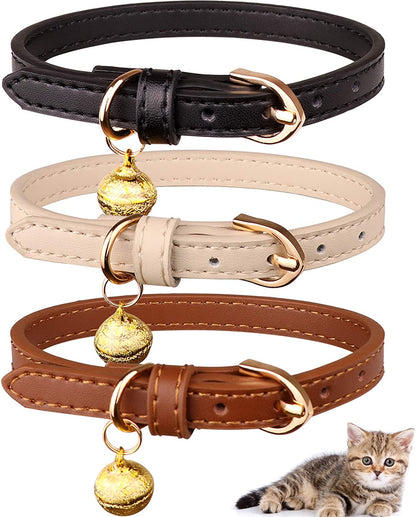 Set of 3 Leather Cat Collars with Bells - Soft and Safe Kitten Collars in Black, Chocolate, and Beige (XS)