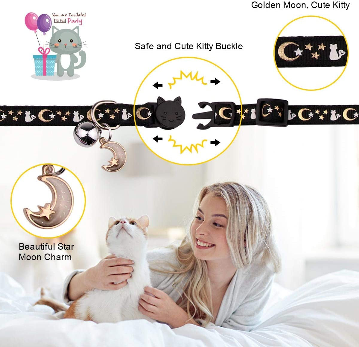 Set of 2 Adjustable Breakaway Cat Collars with Bell and Glow-in-the-Dark Pendant - Black and Purple Moon and Star Design