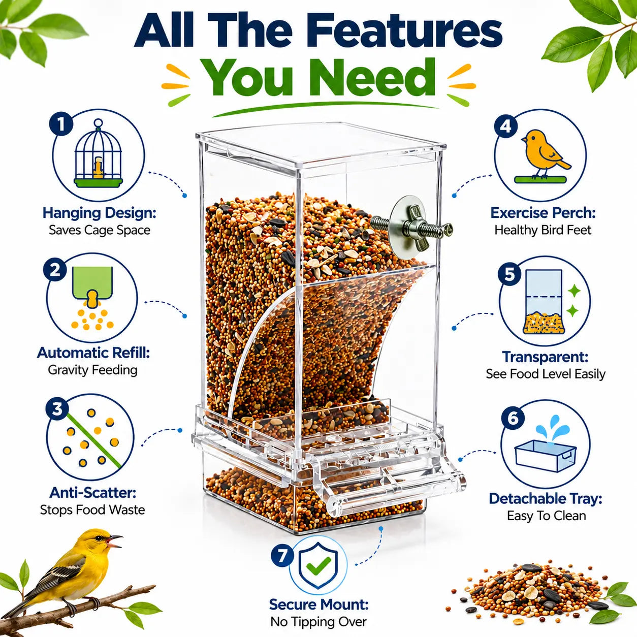 Enhanced Automatic Bird Feeder for Parrots, Cockatoos, and Canaries - Transparent Acrylic Food Dispenser, Durable and User-Friendly Feeding Station