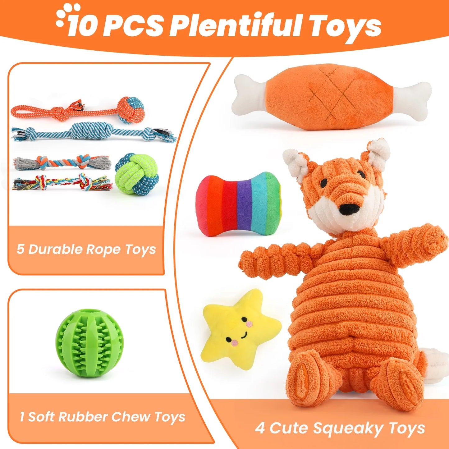 Small Dog Toy Set: 10-Pack of Plush Chew Toys, Squeaky Toys, Treat Balls, and Rope Toys for Teething and Training
