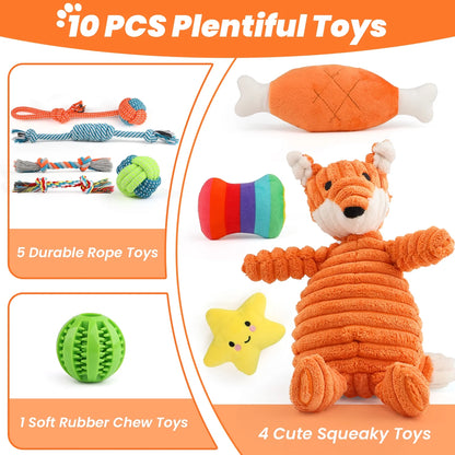 Small Dog Toy Set: 10-Pack of Plush Chew Toys, Squeaky Toys, Treat Balls, and Rope Toys for Teething and Training