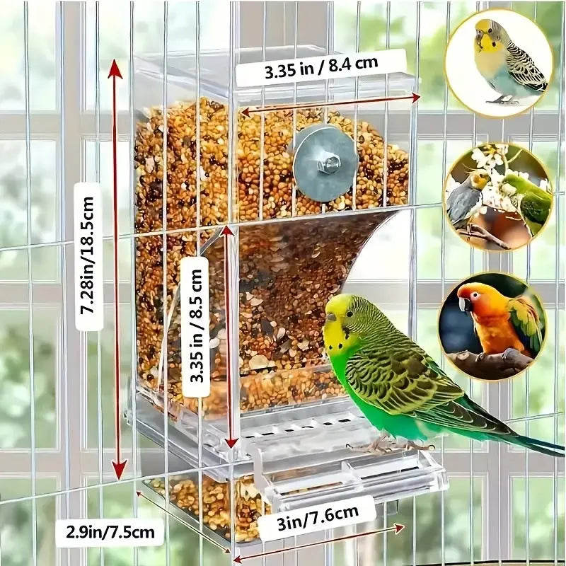 Enhanced Automatic Bird Feeder for Parrots, Cockatoos, and Canaries - Transparent Acrylic Food Dispenser, Durable and User-Friendly Feeding Station