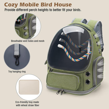 Bird Travel Carrier Backpack with Perch, Tray, and Ventilated Clear Window - Ideal for Cockatiels, Caiques, Conures, and Quakers - Perfect for Veterinary Visits, Camping, and Hiking (Green)