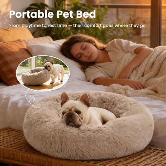 Calming Donut Pet Bed for Dogs and Cats, Anti-Anxiety Fluffy Warming Bed for Indoor Use, Available in Beige Taupe - 20"/24" Sizes