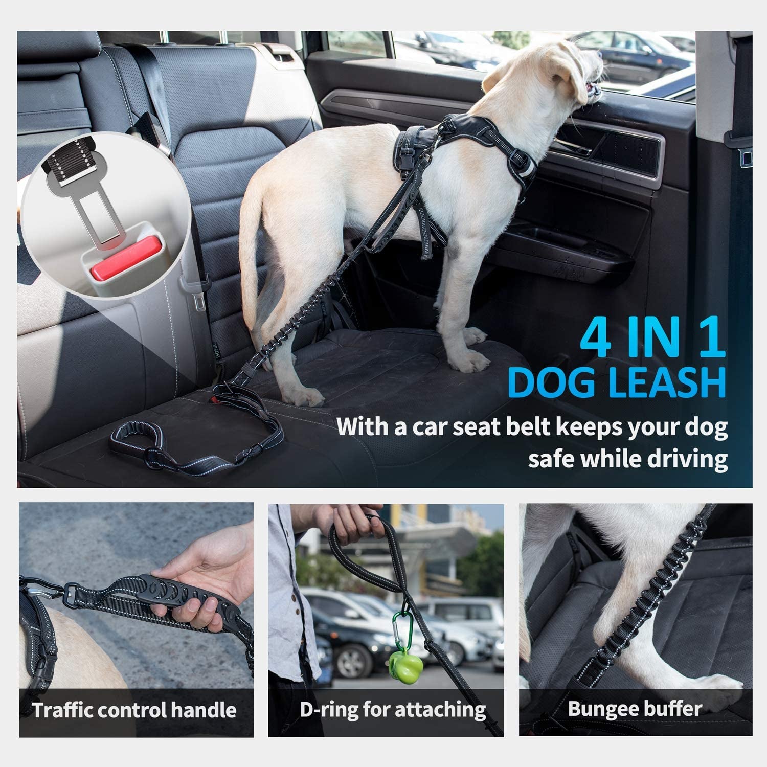 Heavy-Duty Multifunctional Tactical Dog Leash, 4-6 FT Bungee Lead with Car Seatbelt and Shock Absorption for Large and Medium Dogs