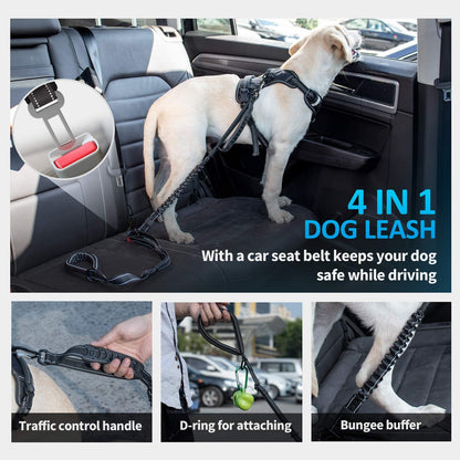 Heavy-Duty Multifunctional Tactical Dog Leash, 4-6 FT Bungee Lead with Car Seatbelt and Shock Absorption for Large and Medium Dogs