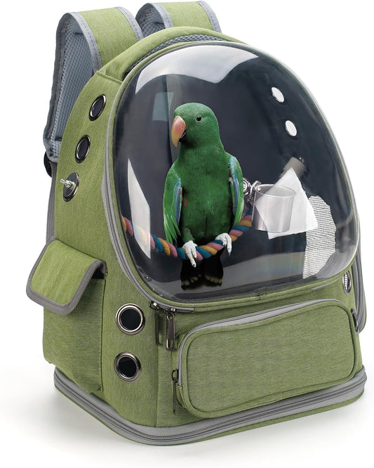 Bird Travel Carrier Backpack with Perch, Tray, and Ventilated Clear Window - Ideal for Cockatiels, Caiques, Conures, and Quakers - Perfect for Veterinary Visits, Camping, and Hiking (Green)