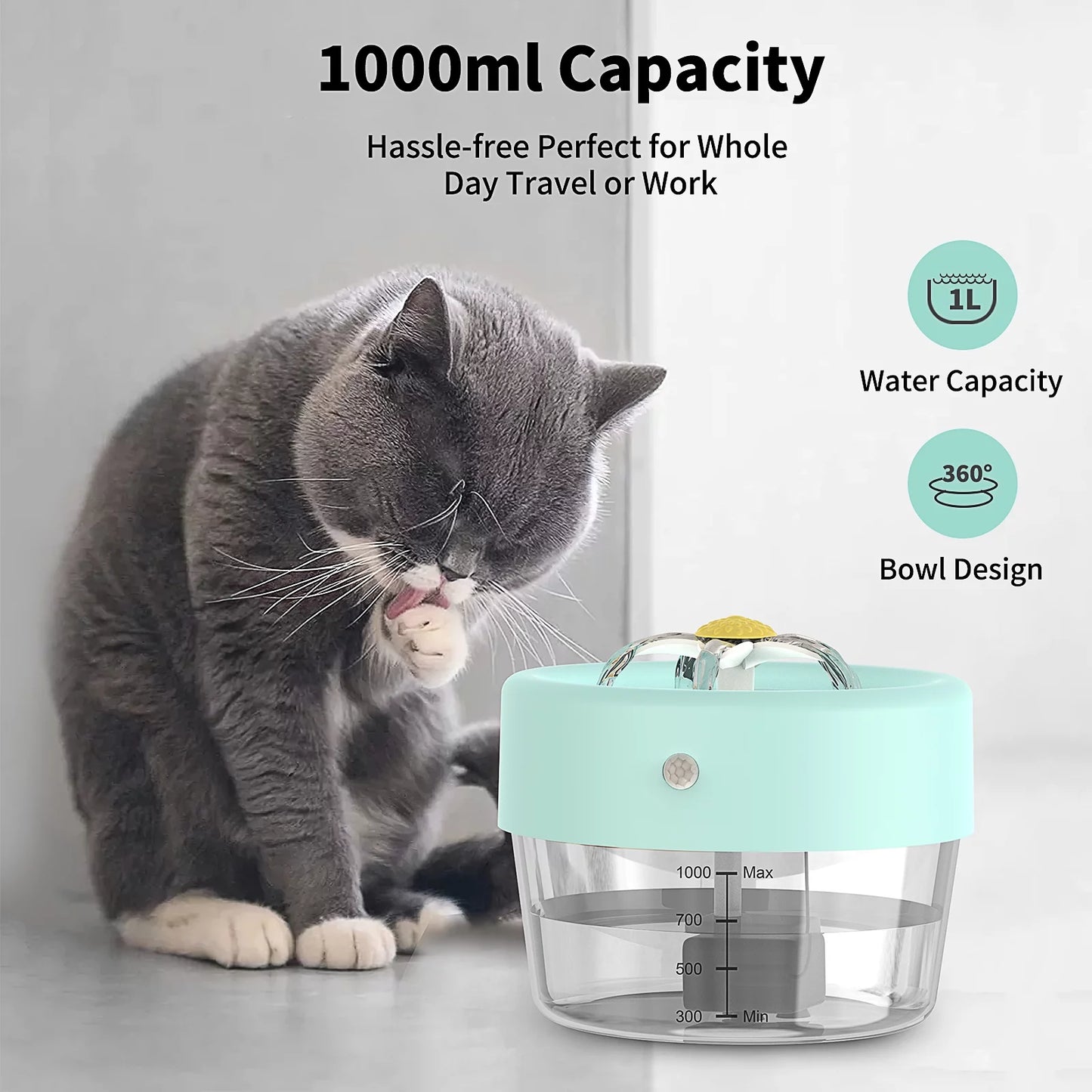 Automatic Cat Water Fountain with 1000mAh Battery, 35 Oz Capacity - Blue