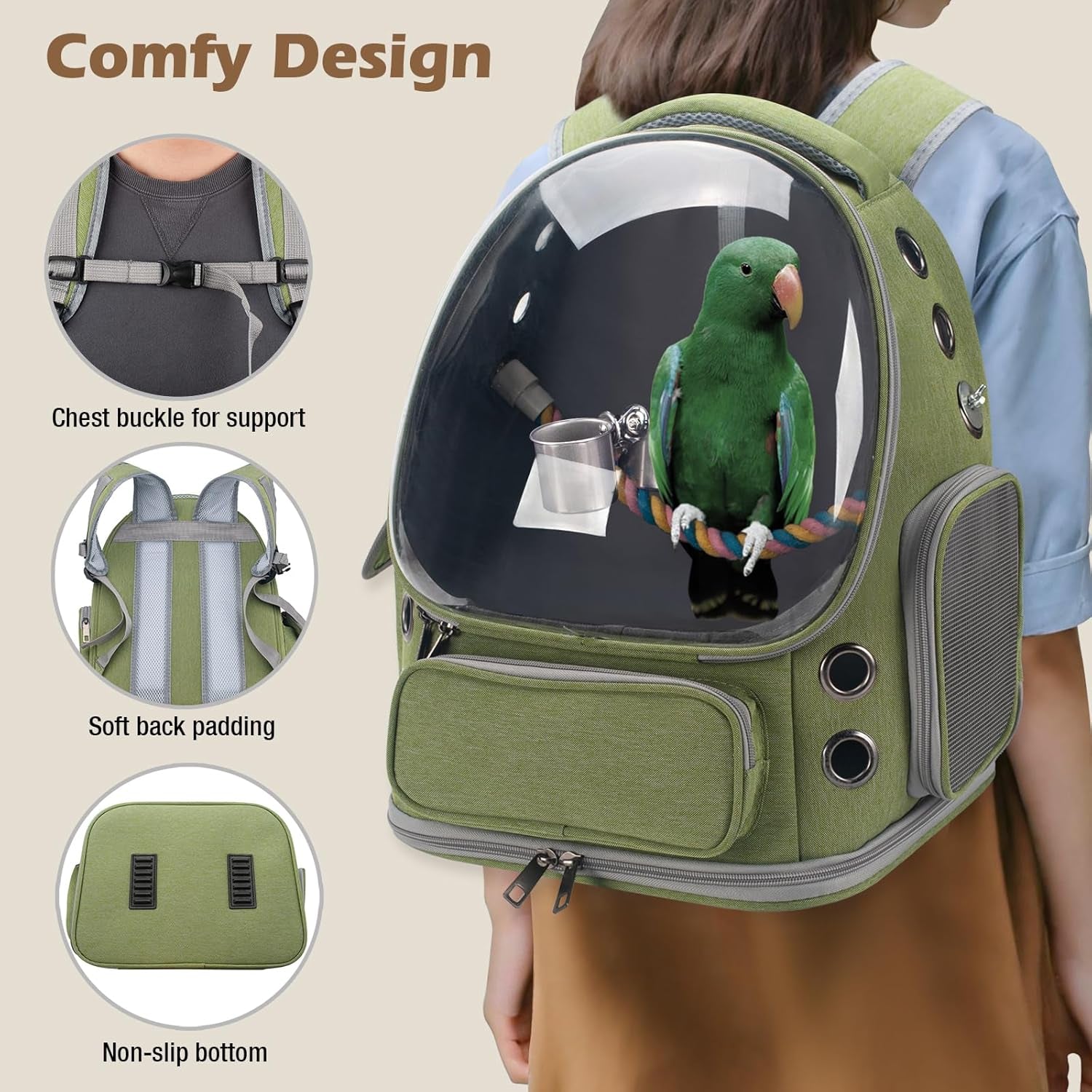Bird Travel Carrier Backpack with Perch, Tray, and Ventilated Clear Window - Ideal for Cockatiels, Caiques, Conures, and Quakers - Perfect for Veterinary Visits, Camping, and Hiking (Green)