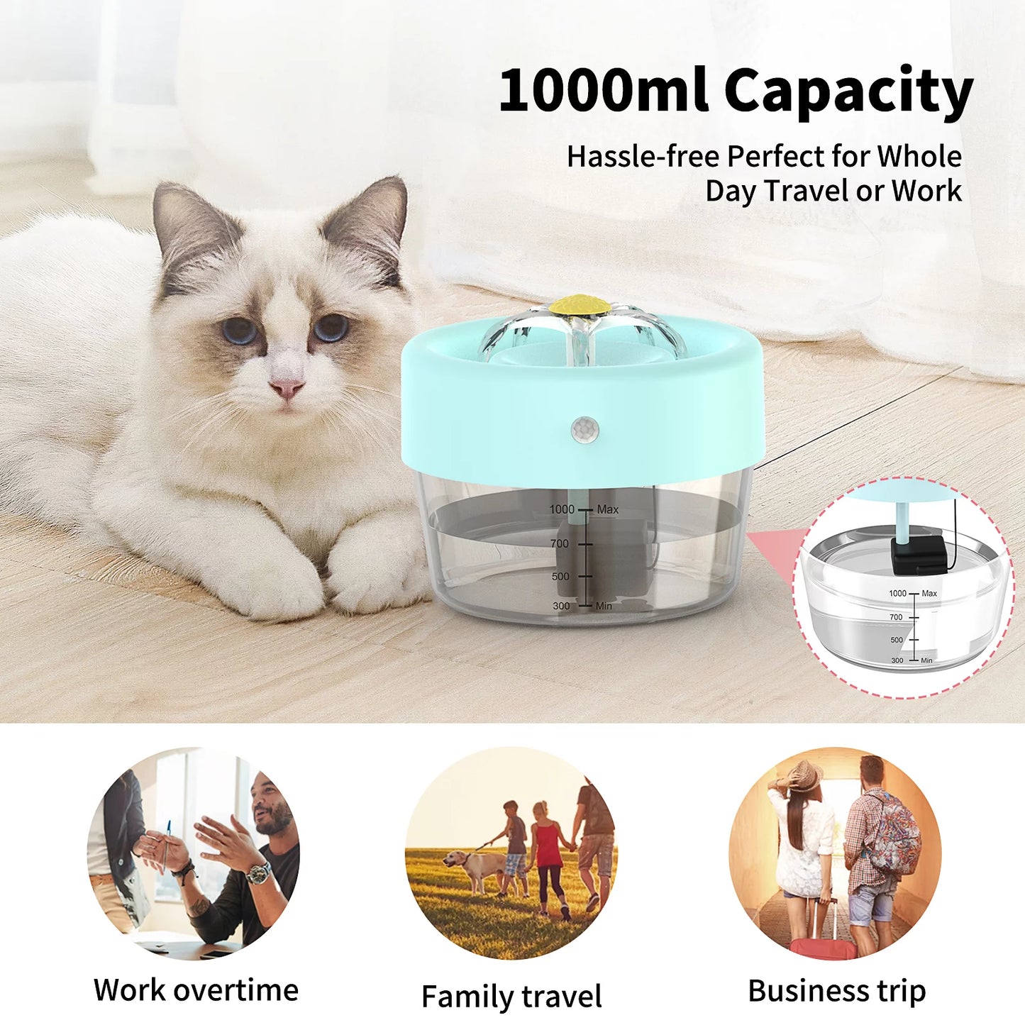 Automatic Cat Water Fountain with 1000mAh Battery, 35 Oz Capacity - Blue
