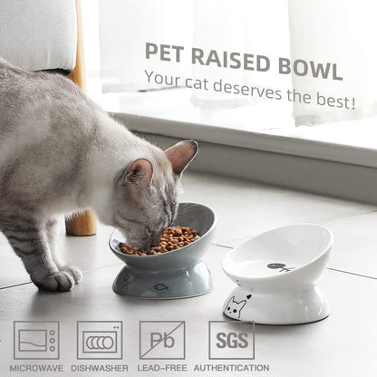Elevated Ceramic Cat Bowls for Food and Water, Slanted Design for Spine Protection and Stress-Free Feeding (White)
