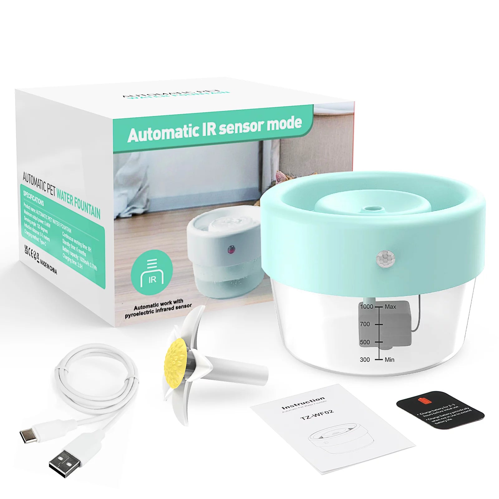 Automatic Cat Water Fountain with 1000mAh Battery, 35 Oz Capacity - Blue