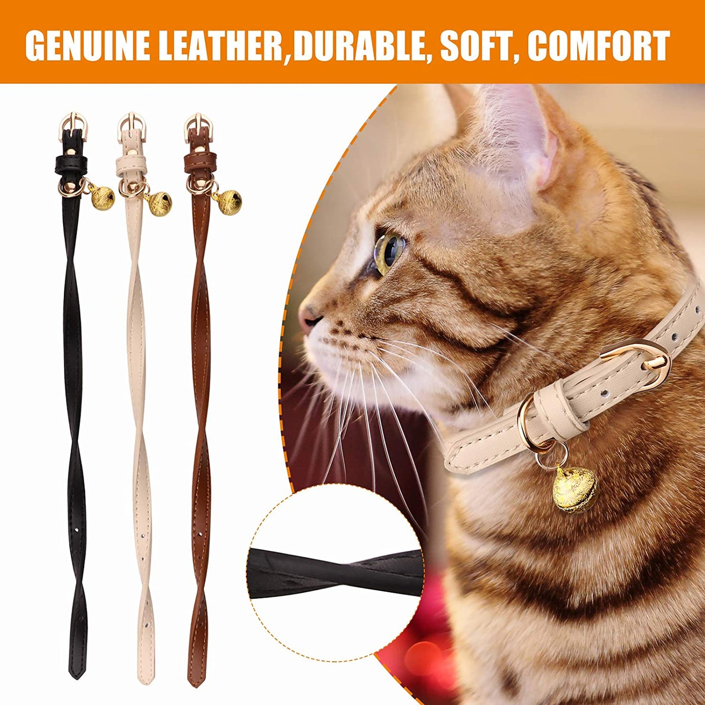 Set of 3 Leather Cat Collars with Bells - Soft and Safe Kitten Collars in Black, Chocolate, and Beige (XS)