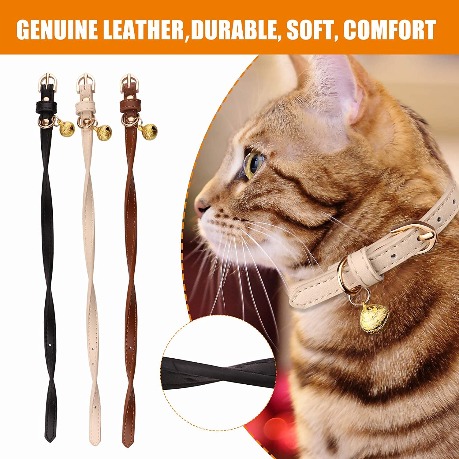 Set of 3 Leather Cat Collars with Bells - Soft and Safe Kitten Collars in Black, Chocolate, and Beige (XS)
