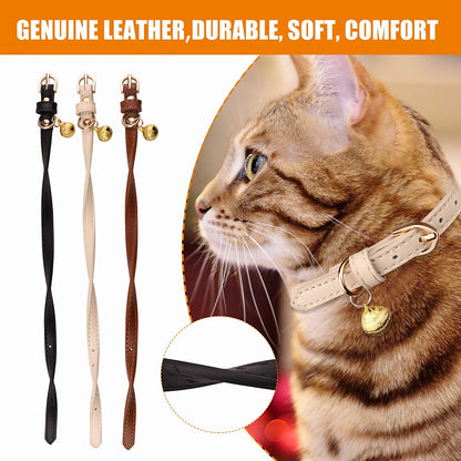 Set of 3 Leather Cat Collars with Bells - Soft and Safe Kitten Collars in Black, Chocolate, and Beige (XS)