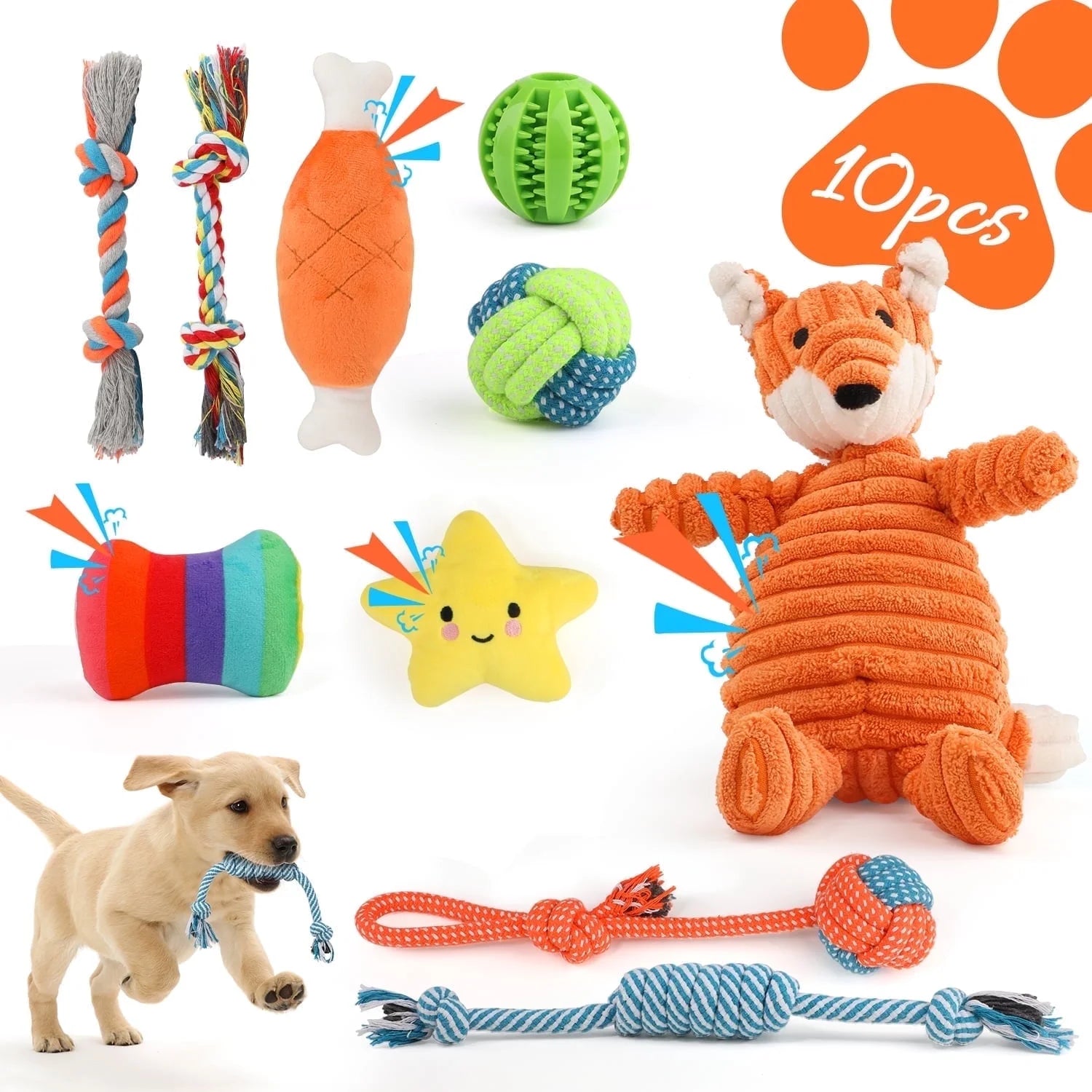 Small Dog Toy Set: 10-Pack of Plush Chew Toys, Squeaky Toys, Treat Balls, and Rope Toys for Teething and Training