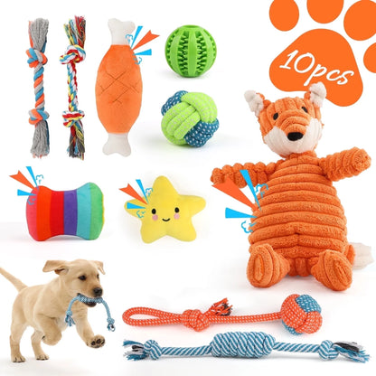 Small Dog Toy Set: 10-Pack of Plush Chew Toys, Squeaky Toys, Treat Balls, and Rope Toys for Teething and Training